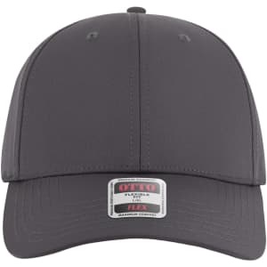 A grey 6 panel low-profile style baseball cap with a branded label on the front.