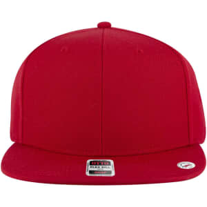 A red 6 panel mid-profile snapback cap with a flat bill and a logo on the side.