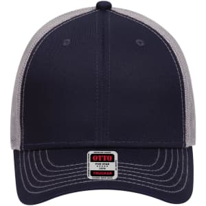 A navy and grey 6 panel low profile trucker cap with mesh back and a label on the front.