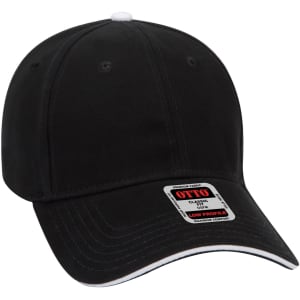 A black 6 panel low profile baseball cap with a white accent and a branded tag.