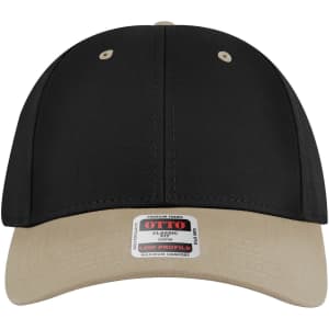 A black and beige six-panel low profile baseball cap with a logo on the front.