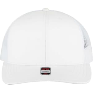 A white mid profile trucker cap with a solid front and mesh sides, featuring a logo on the front.