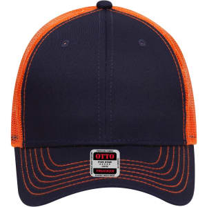 A navy and orange 6 panel low profile trucker cap with a mesh back and a branded label on the underside of the brim.