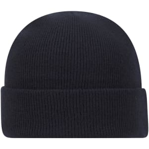 A dark navy blue knit beanie with a ribbed texture and a folded cuff, featuring a logo on the side.