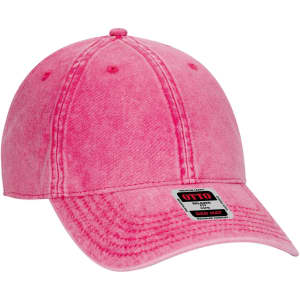 A pink 6-panel low profile dad cap with a curved brim and a logo on the side.