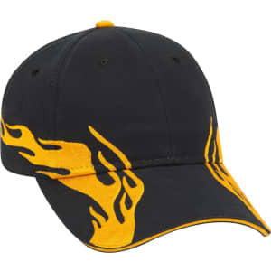 A black baseball cap featuring yellow flame designs, with a low profile and a logo on the front.