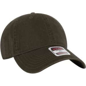 A dark olive green 6 panel low profile dad cap with a curved brim and a logo on the front.