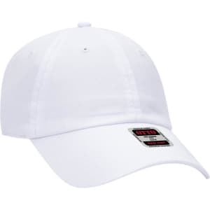 A white six-panel low profile dad cap with a logo on the front. Suitable for casual wear.
