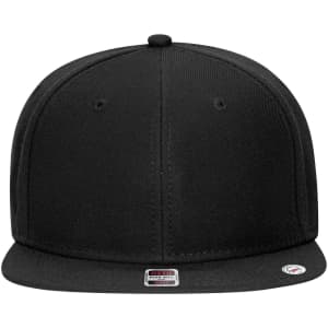 A snapback cap in solid black with a grey undervisor. Features stitching and a logo on the side.
