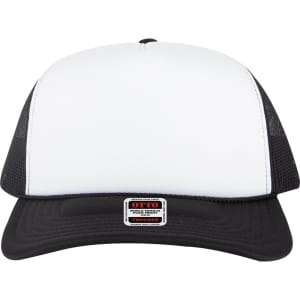 A high crown trucker cap featuring a white front and black mesh sides, with a small logo patch at the front.