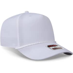 A white 5 panel mid profile baseball cap with a braided detail on the front and a logo on the side.