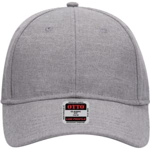 A grey 6 panel low profile baseball cap featuring a branded label on the front.