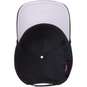 A black 5 panel mid-profile baseball cap with a grey interior and a logo on the side.