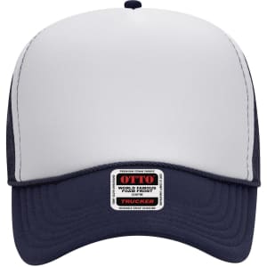 A five-panel mid-profile trucker cap in navy and white with a branding label on the front.