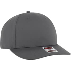 A grey seamless 6 panel mid-profile baseball cap with a logo on the front.