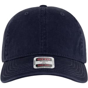 A navy blue 6-panel low profile dad cap with a round logo on the front and ventilation eyelets.