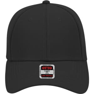 A black 6-panel low profile baseball cap featuring a structured design and a logo on the front.