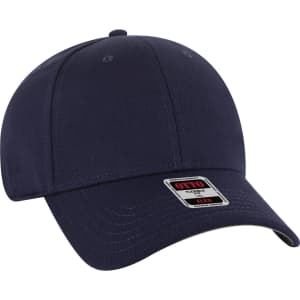 A navy blue 6 panel low profile baseball cap with a branded tag on the front.