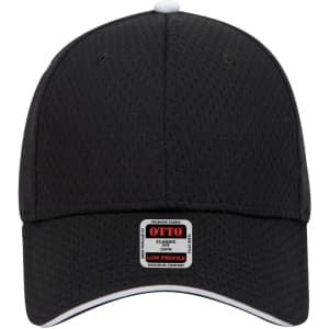 A black 6 panel low profile baseball cap with a logo and contrasting trim.
