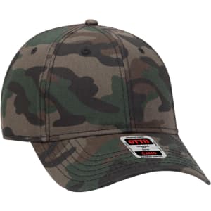 A camouflage 6-panel low profile baseball cap in shades of green and brown with a logo on the front.