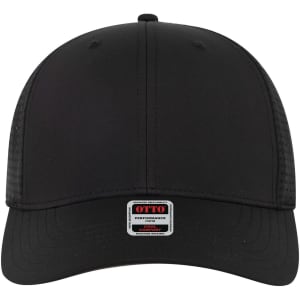 A black 6 panel mid profile style baseball cap featuring a mesh back and a logo tag at the front.
