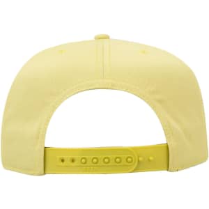 A yellow 5 panel mid profile baseball cap featuring a back adjustable strap and a logo.