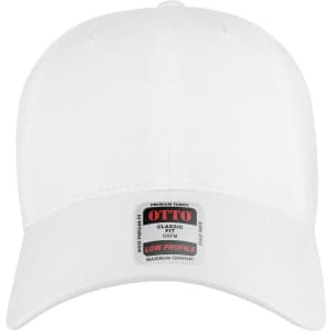 A white 6-panel low profile baseball cap with a label and logo on the brim.