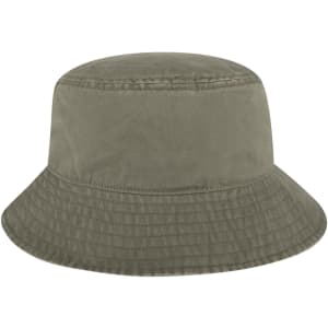 A khaki bucket hat featuring a wide brim and a textured fabric, complete with a logo.