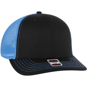 A black and blue 6 panel mid profile trucker cap with a mesh back and a logo on the front.