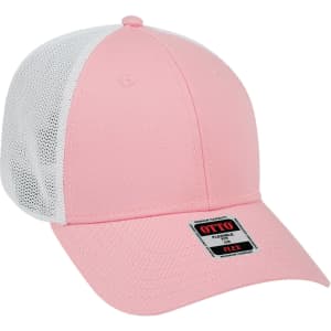 A pink low profile trucker cap featuring a mesh back and a logo on the front.