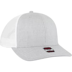A grey mid-profile trucker cap featuring a mesh back and a branded patch on the front.