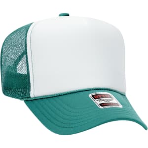 A green and white 5 Panel High Crown Trucker Cap featuring a mesh back and a branded tag.