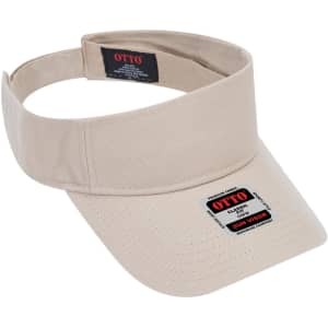 A beige sun visor with a wide brim and an adjustable band, featuring a logo on the front.