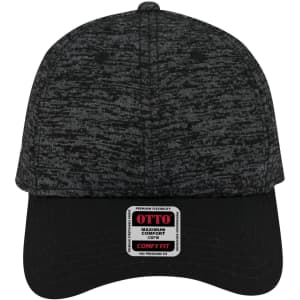A dark grey and black 6-panel low profile baseball cap with a logo on the front.
