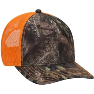 A camouflage 6-panel low profile baseball cap with an orange mesh back and intricate nature patterns. It features a logo.