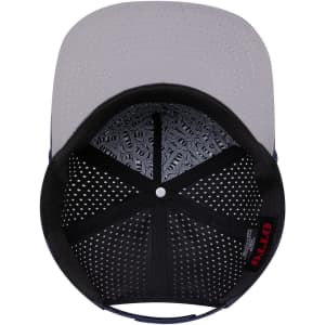 A grey and navy blue 5-panel snapback hat, featuring a patterned inner lining and a logo inside.