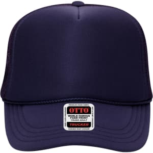 A navy blue 5 Panel High Crown Trucker Cap with a foam front and a logo on the front.