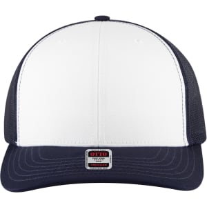 A mid-profile trucker cap featuring a white front and navy mesh sides, with a logo on the front.