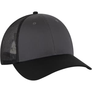 A 6-panel low profile trucker cap in black and grey, featuring a mesh back and a curved brim.