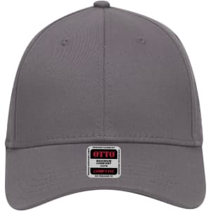 A grey six-panel low profile baseball cap with a logo on the front.