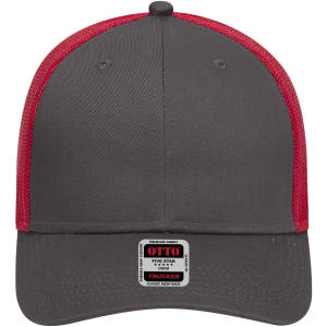A grey and red 6-panel low profile trucker cap with a mesh back and a logo on the front.