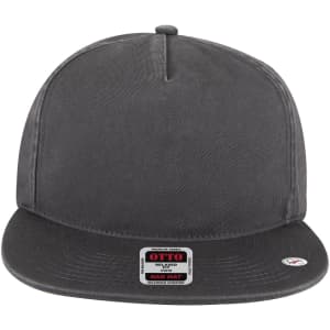 A grey 5 panel low profile style dad cap featuring a straight brim and a logo.