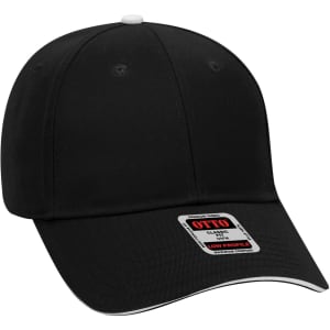 A black low profile baseball cap featuring a white button on top and a logo on the front.