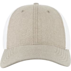 A light brown baseball cap with a white mesh back and a curved brim. Features a logo on the front.