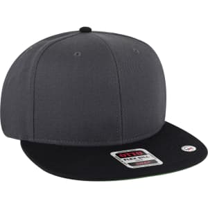 A grey mid-profile snapback cap with a black brim and an under-visor, featuring a logo on the side.