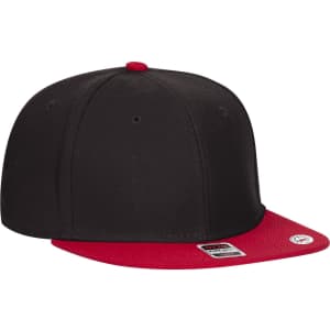 A six-panel mid-profile snapback cap featuring a black body and a red visor, with a logo on the side.