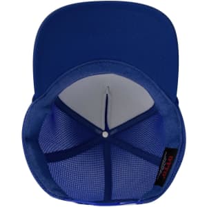 A blue 5 panel high crown air mesh back trucker hat featuring a structured design and an interior mesh lining.