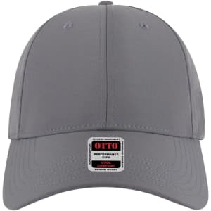 A grey 6 panel low profile baseball cap featuring a logo on the front and a comfortable fit.