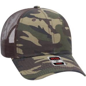 A camo 6 panel low profile trucker cap in green and brown tones with a mesh back and branding.