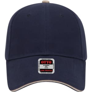 A navy blue low profile baseball cap with a branded label on the front.